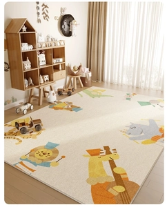 Kids play rug detail showing cute cartoon lion and giraffe on a soft beige mat