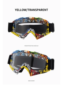 Front and side view of graffiti ski goggles with yellow frames and transparent lenses