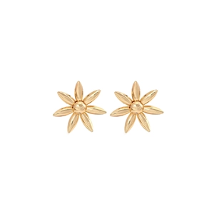 Macro shot of gold floral stud earrings with metallic mirror finish and central bead