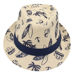 Hawaiian beach straw sun hat with navy surf print and ribbon for summer vacation