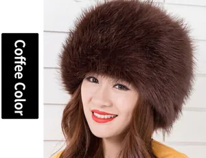 Detail view of the thick coffee brown faux fox fur on this warm Russian style flat top hat