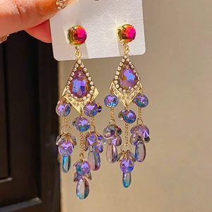 Detailed view of vintage purple drop earrings with teardrop tassels and S925 silver needles