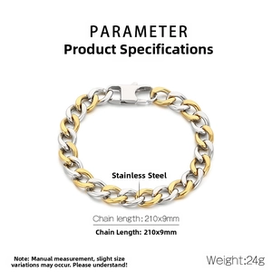 Detail showing 9mm two-tone stainless steel Cuban NK chain with 210mm length specs