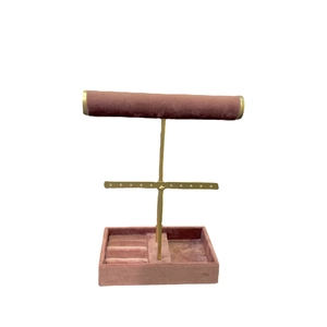 Pink velvet and gold metal multi-tier jewelry organizer stand for earrings and necklaces
