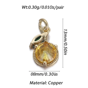 Detailed specs for 14k gold plated copper apple pendant with yellow stone and green leaf