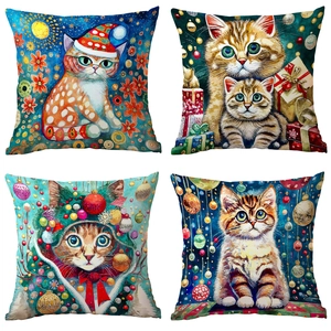 Christmas Cat Pillowcase Short Plush Watercolor Illustration Square Cushion Cover For Home Sofa Decor