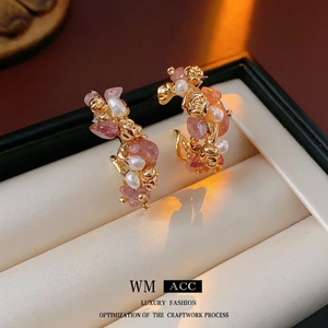 Gold-plated strawberry quartz and pearl earrings with a vintage rose flower design