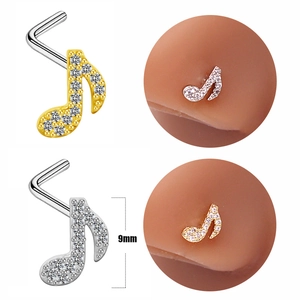 Clou de nez note de musique avec zircon en or et argent, bijoux forme en L de 9mm