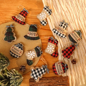 Ornements De Sapin De Noël Toile De Jute Carreaux Tissu Pendentifs Nœud Décorations De Fête Joyeux Noël Joy