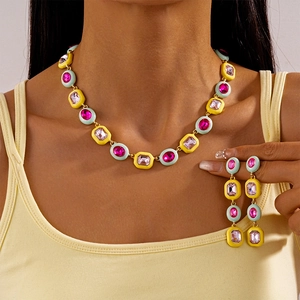Enamel Alloy Geometric Necklace Earring Set Rhinestone Colorful Dopamine Sweet Jewelry With Silver Earring Post
