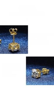 Detail of four-prong gold plated silver stud with 1ct moissanite and S925 hallmark