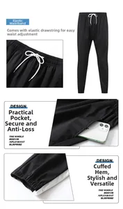 Detail view of men's sports joggers with drawstring waist, side pocket and striped cuff
