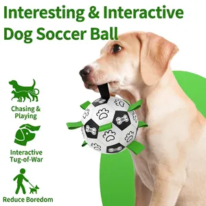 Interactive soccer ball dog toy with durable nylon tabs for small to large dogs to fetch