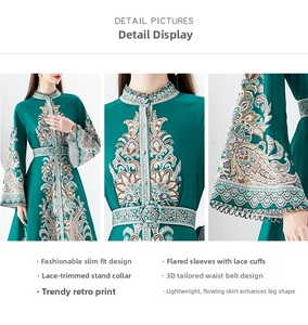 Details des smaragdgrünen Paisley-Kleids mit Stehkragen und Rüschen an den Ärmeln