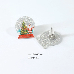 Detail of Santa crystal ball acrylic earrings with Merry Christmas banner and size info
