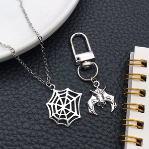 Antique silver spider web necklace and bat keychain set for Halloween accessories
