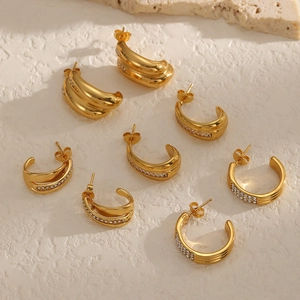 C Shaped Hoop Earrings 304 Stainless Steel Zircon Inlaid Gold Plated Geometric Light Luxury Style Fashion For Women