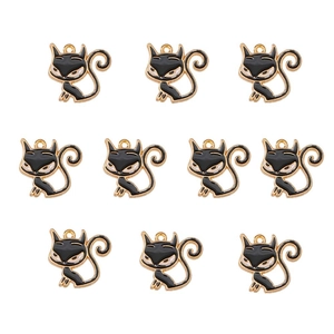 Set of 10 black cat enamel charms with gold plating for DIY jewelry and necklaces