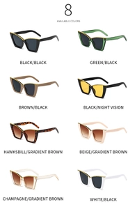 Cat eye sunglasses detail showing eight available color variants with gold metallic trim