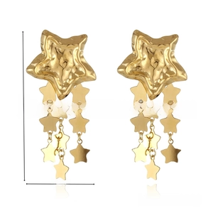 Detail showing dimensions of 18k gold plated star tassel earrings with hammered texture