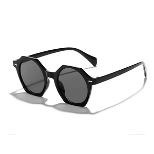 Retro oversized black hexagonal sunglasses for women with dark grey protective lenses