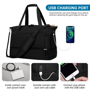 Detail view of the waterproof gym bag featuring an integrated USB charging port and cable