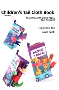 Detail of baby soft books with textured animal tails and sensory crinkle paper pages