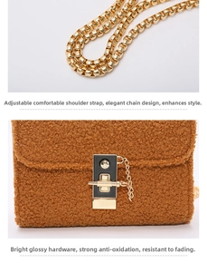 Detailed view of the anti-oxidation gold chain and luxury twist lock on the fuzzy handbag