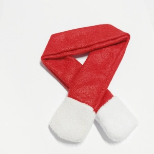 Red Christmas wine bottle scarf with white plush pom-poms for festive holiday decor