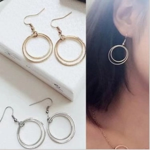 Minimalist gold and silver double hoop drop earrings set with classic hook design