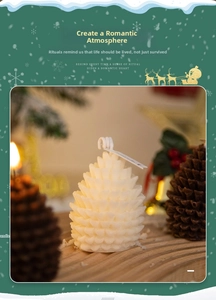 Macro shot of realistic pine cone scented candles with detailed scale textures for Christmas