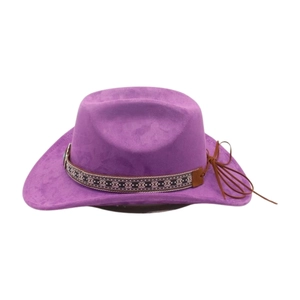 Detail of purple faux suede cowboy hat with ethnic geometric woven band and side leather cord