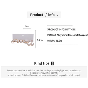 Detailed view of ten-piece vintage pearl and rhinestone earring set on display card