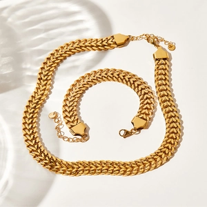 Minimalist golden Cuban link necklace and bracelet set in polished stainless steel