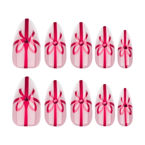 Faux ongles amande courts avec ruban rouge et strass, lot de 10 pour les fêtes