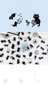 Close-up of Mr. Edgar series black cat stickers showing detailed 45-piece packaging set