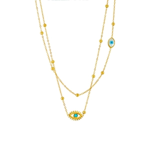 Double-layered gold necklace with beaded chains and two evil eye pendants