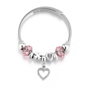 Silver crown bead bracelet with pink crystal beads and sparkling heart pendant