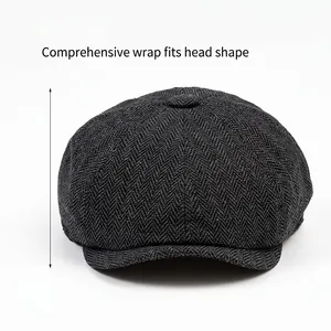Classic dark grey herringbone newsboy cap for men featuring a deep 12cm fit design
