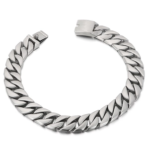Mens silver stainless steel Cuban link bracelet with matte finish and clasp on white background