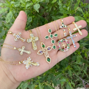 Cross Pendant Necklace Copper Stainless Steel 18K Gold Plated Colorful Cubic Zirconia Religious Elegant Jewelry Women