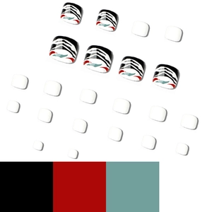 Black and white zebra print press-on toenails with red and teal green color accents