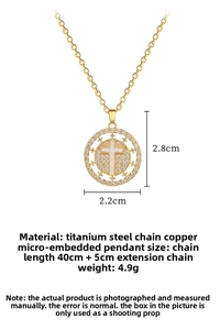 Detailed size specifications of circular cross pendant necklace with micro-pave crystals