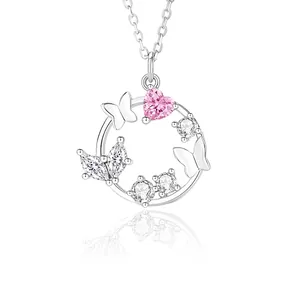 S925 Sterling Silver Butterfly Heart Pendant Necklace For Women Pink Zirconia Inlaid Luxury Sweet Clavicle Chain Fine Jewelry Gift