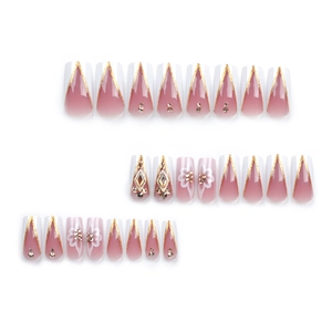 French ombre press-on nails with golden glitter V-tips, white flowers and rhinestones
