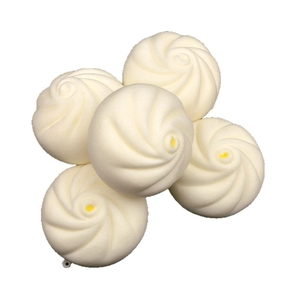 Set of 5 slow rebound PU foam steamed bun toys with realistic spiral texture on white background