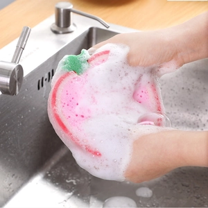 Kitchen sponge strawberry design showing high density foam and cleaning power