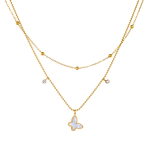 Double-layer gold butterfly necklace set with zircon accents and white shell inlay