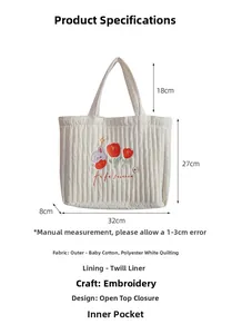 Detail of white quilted tote bag featuring rabbit and floral embroidery with dimensions
