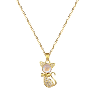 Luxurious gold cat necklace with opal and sparkling crystals on a minimalist steel chain